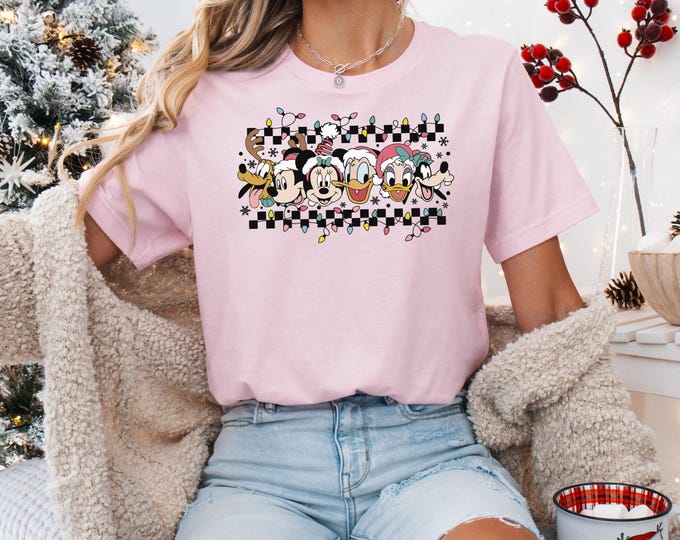 Checkered Mickey & Co Christmas Shirt, Vintage Mickey and Friends Christmas Shirt, Disney Family Christmas Shirts, Christmas Group Tee