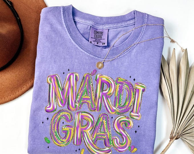Comfort Colors Retro Mardi Gras Shirt, Brush Mardi Gras Tee, Fleur De Lis T-shirt, Mardi Gras Party Outfit, Mardi Gras Gift for Women