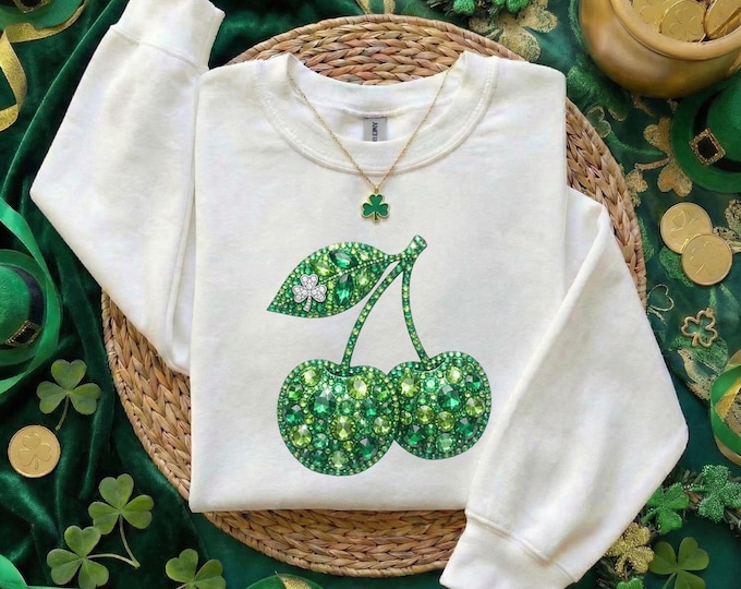 St. Patrick Cherry Rhinestone Shirt, Retro St. Patrick's Day T-Shirt, Lucky Clover Rhinestone, Trendy St. Patrick's Day Shirt, Shamrock Tee