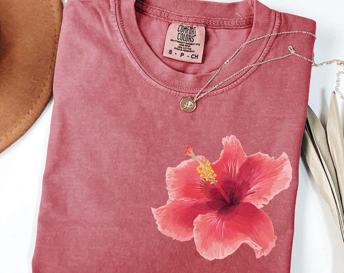 Comfort Colors Hibiscus Flower Shirt | Tropical Floral T-Shirt | Hawaii Vacation Beach Tee | Summer Vibes Shirt for Women | Coastal Tee