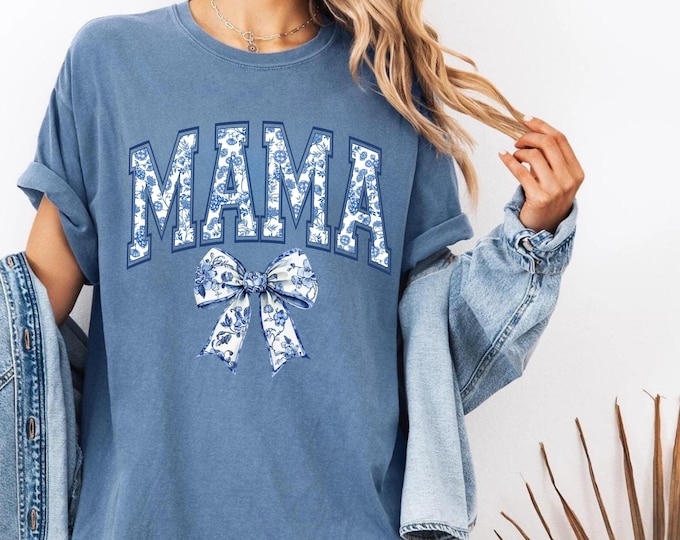 Comfort Colors® Mama Shirt, Blue Ribbon Shirt, Mothers Day Gift, Girly Aesthetic Gift For Mom, Cute Mom Shirt, Bow Shirt,Christmas Gifts