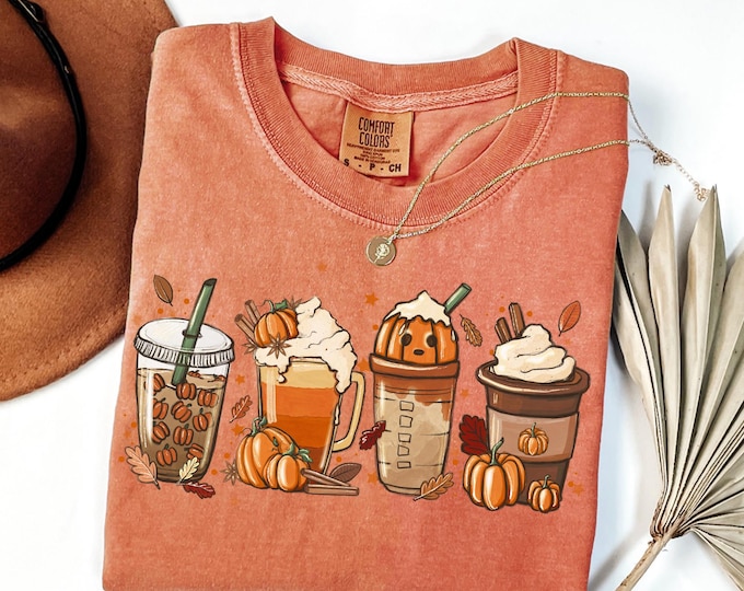 Comfort Colors® Halloween Coffee Shirt, Cute Fall Shirt For Women, Iced Coffee Lover Gift, Pumpkin Spice Latte T-Shirt, Spooky Season Drink