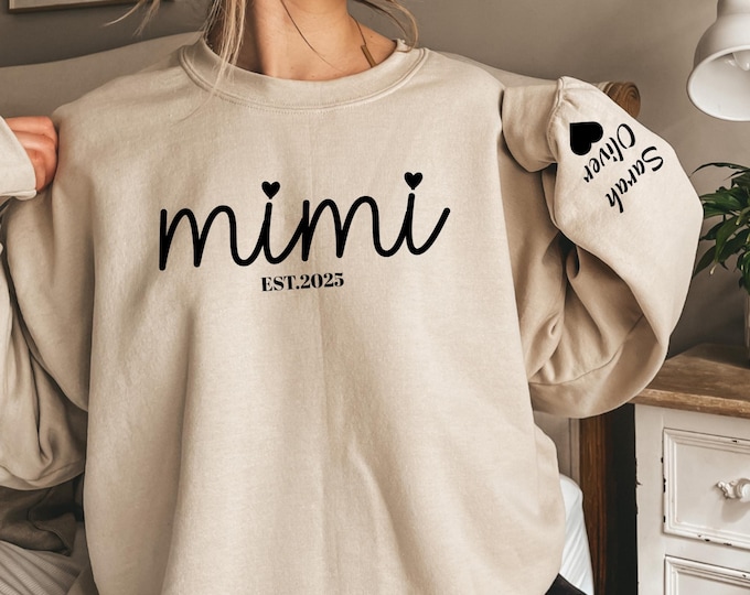 Personalized Mimi Sweatshirt with Kids Names on Sleeve, Mimi Hoodie, Mimi Gift from Grandkids, Grandma Shirt,Grandma Gift, Pregnancy Reveal