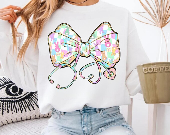 Easter Nurse Bow Sweatshirt, Coquette Nursing Easter Crewneck, Stethoscope Nurse Sweater, Easter Gift for Nurse, Easter Registered Nurse
