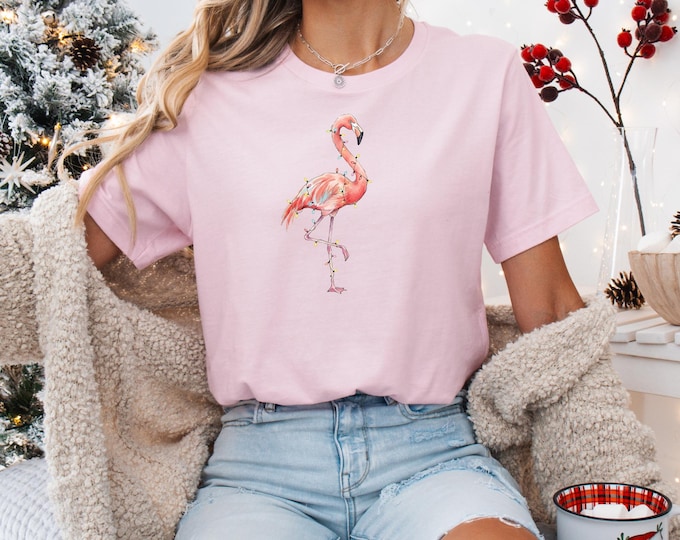Flamingo Santa T-Shirt, Tropical Christmas Beach Holiday Tee, Flamingo Christmas Gift,Xmas Tree Shirt,Flamingo Christmas Light Shirt Gift