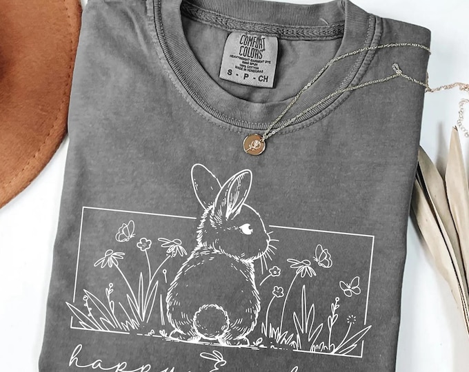 Comfort Colors® Happy Easter Shirt, Women Easter Shirt, Easter Day Tee, Easter Bunny Shirt, Floral Bunny,Rabbit Lover Tee,Happy Easter Gift.