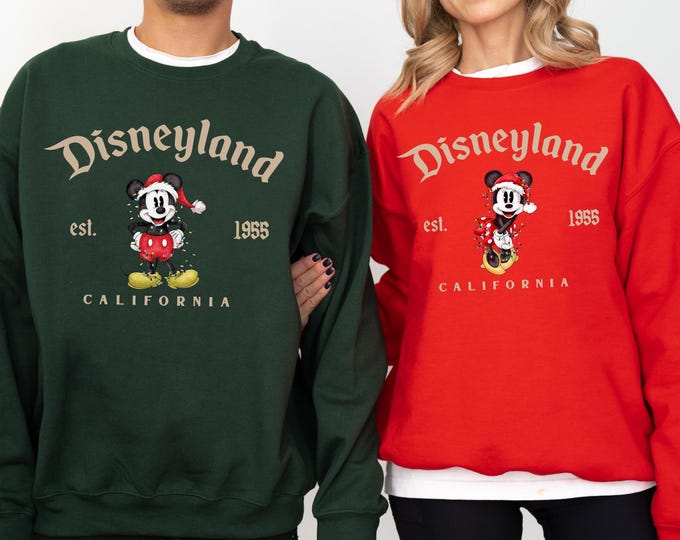 Mickey Christmas Sweatshirt, Mickey Minnie Mouse Couple Matching Christmas Sweater, Vintage Disneyland 1955 Family Hoodie, Disney Xmas Gift