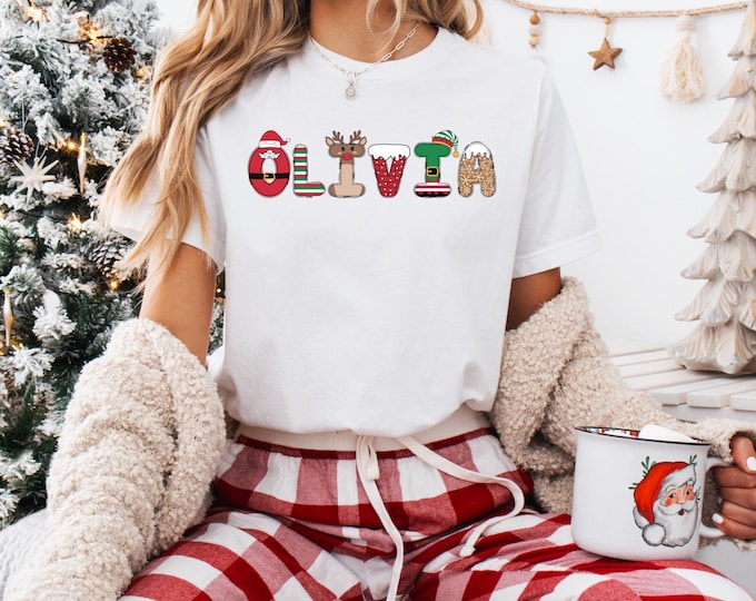 Family Christmas Name Shirt, Doodle Alphabet Family Christmas Shirt, Personalized Christmas Family T-Shirt, Custom Christmas Shirt With Name