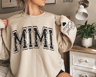 Personalized Mimi Sweatshirt with Kids Names on Sleeve, Mimi Hoodie, Mimi Gift from Grandkids, Grandma Shirt,Grandma Gift, Pregnancy Reveal