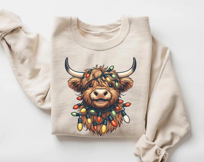 Christmas Cow Sweatshirt, Cow Lights Sweater, Cow Women Sweatshirt, Cow Lover Shirt, Christmas Sweatshirt, Highland Cow Crewneck, Farm Xmas