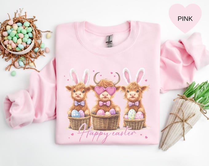 Highland Cow Easter Sweatshirt, Easter Heifer Shirt, Festive Spring Outfit, Easter Cow Lover Sweatshirt, Western Country Sweater