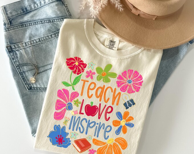 Teach Love Inspire Shirt, Boho Teacher Floral T Shirt, Retro Teacher Shirt, Teacher Gift, Teacher Shirt, Back to School Shirt