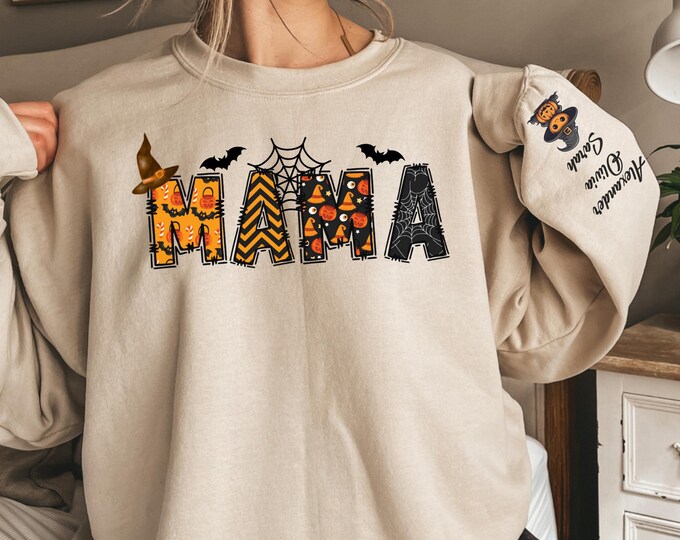 Personalized Halloween Mama Sweatshirt,Spooky Mama Shirt,Gift for Mom,Spooky Mama Sweatshirt, Halloween Shirt,Custom Name Halloween
