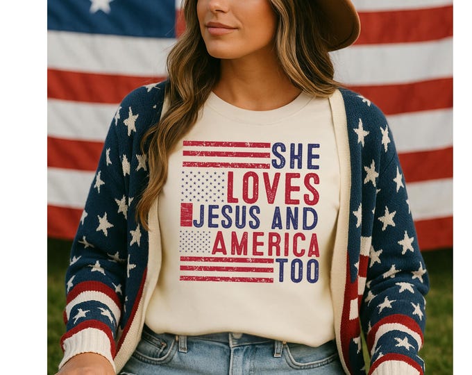 Retro USA Sweatshirt, She Loves Jesus And America Too, Womens USA Crewneck Sweatshirt, USA Shirt, America Sweatshirt, 4th of July Sweatshirt