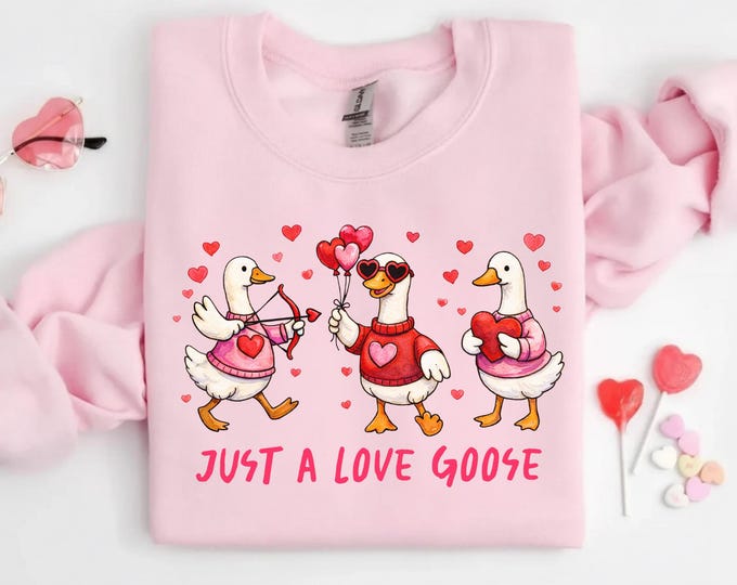 Just A Love Goose Sweatshirt, Funny Valentine Goose Sweatshirt, Pink Coquette Valentine Shirt , XoXo Be Mine Shirt
