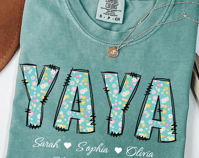 Personalized Yaya Shirt with Grandkids Names, Floral Yaya T-Shirt, Mimi Gifts, Mother's Day Shirt, Custom Kids Names Grandma Shirt, Mimi Tee