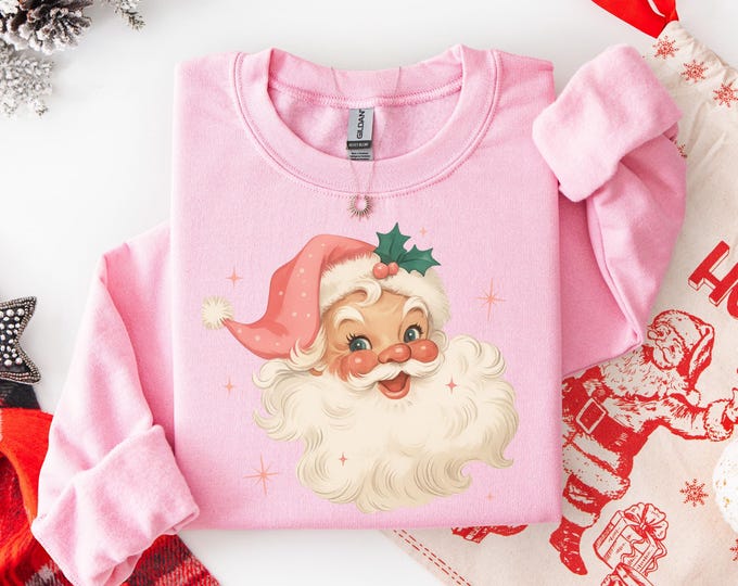 Pink Santa Retro Christmas T-Shirts Sweatshirts for Women Pink Christmas Matching Family Sweaters Pink Vintage Holiday Crewneck Group Party