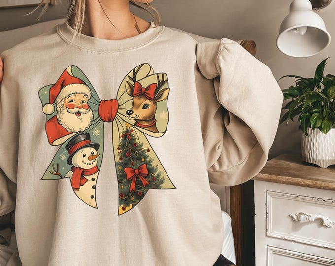 Coquette Bow Shirt, Cute Red Ribbon Santa Sweatshirt, Merry Christmas Bows Sweater, Christmas Gift, Gift For Women,Coquette Bow Sweatshirt