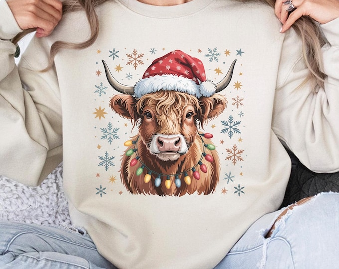 Christmas Cow Sweatshirt, Highland Cow tShirt, Women Cow Christmas Long sleeve, Cow Lover Gift, Farm Christmas Hoodie Gift, Christmas Shirt