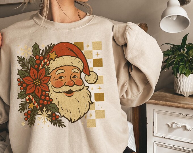 Christmas Santa vintage Shirt, Floral retro Santa Christmas Shirt, Gift for her, Santa Christmas sweatshirt, Floral Santa Christmas hoodie