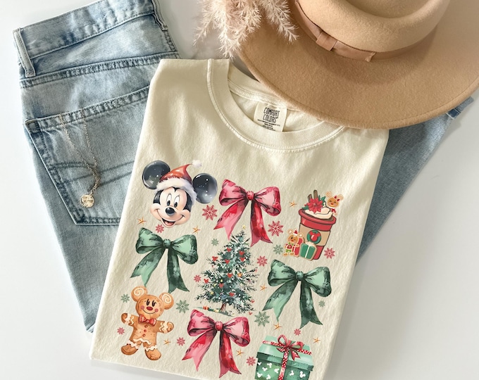 Comfort Color® Disney Coquette Bow Christmas Wreath Shirt Mickey Tis the season SweatShirt Disney Magic Castle Christmas tee