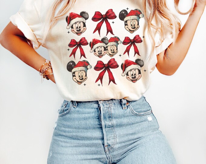 Comfort Colors® Retro Disney Christmas Shirt, Coquette Bow Holiday Tee, Mickey Head Xmas Shirt, Disney Vacation Tee