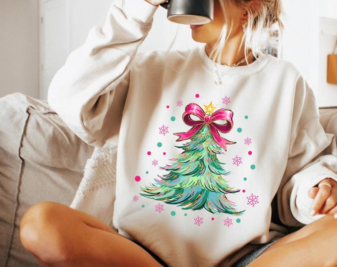 Coquette Bow Christmas Sweatshirt, Christmas Tree Shirt, Christmas Sweatshirt, Girly Christmas Sweater, Coquette Bow Sweater,Christmas  Gift
