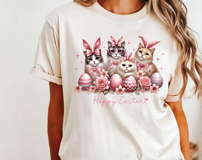 Comfort Colors® Cute Easter Cats T-Shirt,Easter Bunny Ears Cats Tee,Happy Easter Cat Shirt,Easter Egg Cats Top,Happy Easter Day Vibes Shirt