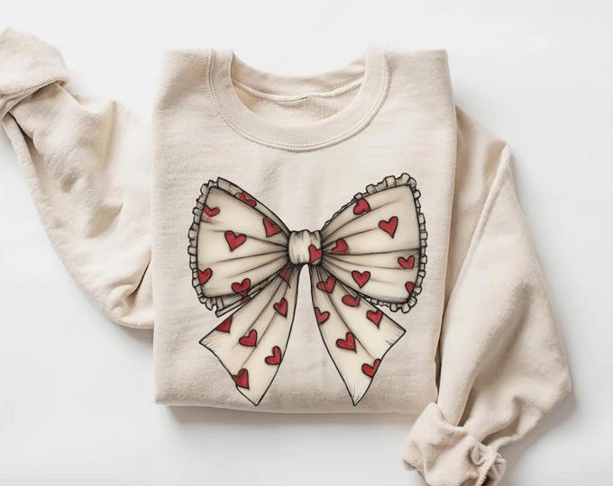 Coquette Valentine's Day Heart Bow Sweatshirt, Retro Valentine Shirt, Valentines day Bow Shirt, Coquette Bow T Shirt, Bow Valentine Gifts