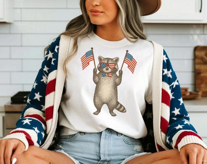 Funny 4th of July Shirt, Feral & Free Raccoon Comfort Colors T-Shirt, American Feral Girl Summer Meme Shirt, Patriotic Independence Day Gift