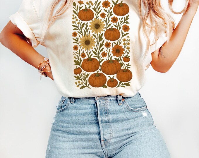 Boho Fall Floral Comfort Colors® Shirt, Retro Fall Tshirt, Autumn Vibes Shirt, Pumpkin Season Graphic Tee, Vintage Fall Pumpkin Aesthetic
