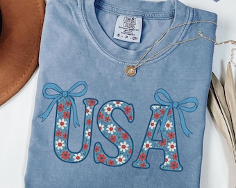 Comfort Colors® Coquette USA Shirt, 4th of July Shirt Women, Stars Stripes USA Flag Shirts, Floral Patriotic Shirt, Red White Blue