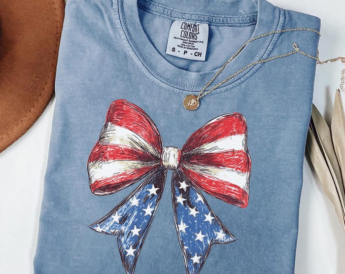 Comfort Colors® 4th of July Shirt, Coquette American Flag Shirt, USA Bow Shirt, 4th of July Tee, Women's Patriotic Shirt, Red White and Blue