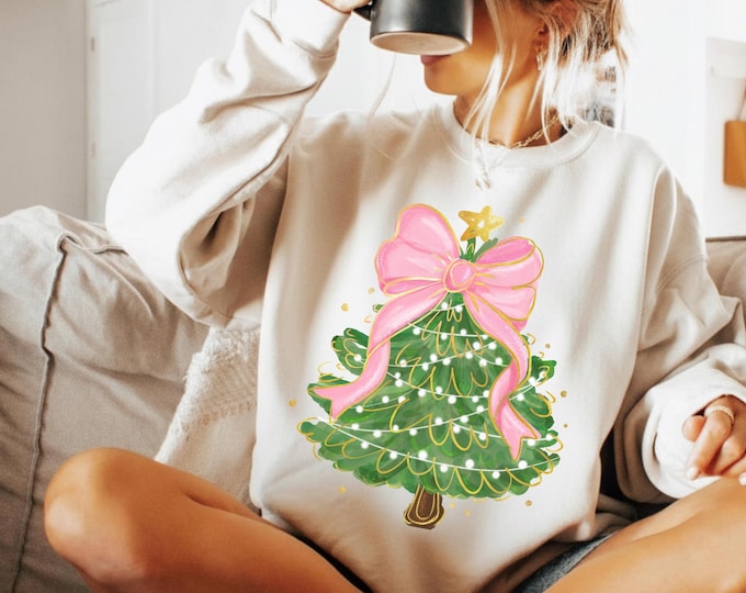 Merry Merry Merry Christmas Sweatshirt, Cute Pink Bow Tree Holiday Crewneck, Cozy Winter Sweater, Christmas Gift for Women Gift for Her