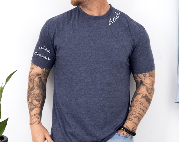 Personalized Dad Shirt with Kids Names Arm, Custom Dad Tshirt, Est Date Daddy T Shirt, Gift for Fathers Day, Childs Names Arm
