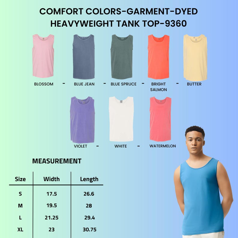 May include: A display of heavyweight tank tops in various colors, including pink, blue, green, orange, and yellow. The image also includes a measurement chart with sizes ranging from S to XL, with widths from 17.5 to 23 inches and lengths from 26.6 to 30.75 inches.