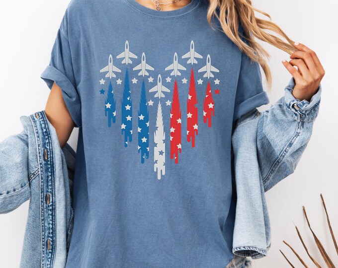 Comfort Colors® Patriotic Jet Heart Shirt – Military USA Graphic Tee, 4th of July Shirt, American Pride Top, Red White Blue Veteran Tee