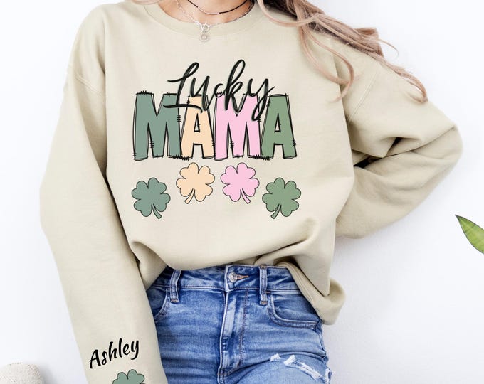 Custom Lucky Mama Sweatshirt, St. Patrick's Day Mom Sweater, Personalized Names on Sleeve, Irish Shamrock Crewneck, Pregnancy Reveal Shirt