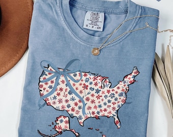 Comfort Colors® Coquette USA Shirt, 4th of July Shirt Women, Stars Stripes USA Flag Shirts, Floral Patriotic Shirt, Red White Blue