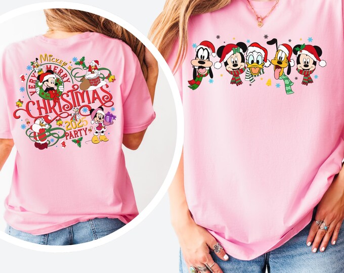 2-Sided Mickey's Very Merry Christmas Party 2025 Shirt, Disney Santa Mickey And Friends Group Christmas Lights Shirt, Disneyland Xmas Tee
