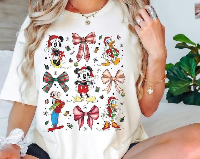 Comfort Color Disney Christmas Coquette Bow Shirt, Mickey & Friends Holiday Tee, Disney Family Xmas Trip, WDW Christmas Group Holiday Gifts