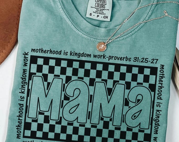 Comfort Colors® Motherhood is Kingdom Work Shirt,Checkered Mama Shirt Gift for Mom,Mother's Day Gift, Vintage Checkered Christmas Gifts