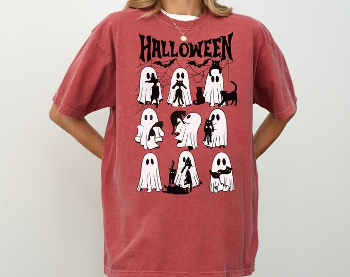 Halloween Black Cat & Ghost Comfort Colors Shirt, Halloween Ghost Tshirt, Spooky Season Cat Tee, Halloween Cute Women Outfit, Halloween Gift