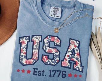 Comfort Colors Floral USA Shirt, American Girl Shirt, USA Est 1776 Shirt, Girly 4th of July Shirt, Patriotic Women Shirt, Flower USA Shirt