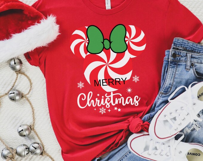 Minnie Peppermint Swirl Christmas Tee Shirt, Mouse Kingdom Christmas Shirt, Magic World Vacation Shirt, Christmas Tee, Candy Cane Shirt