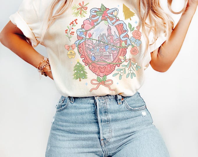 Coquette Bow Disney Castle Christmas Shirt, Magic Kingdom Mickey's Very Merry Christmas Party Shirt, Disney Christmas Disney Trip Shirt