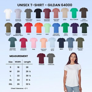 May include: A Gildan 64000 unisex t-shirt color chart displaying thirty-two different shirt colors with labels, including white, heather, red, blue, green, and black. A measurement table lists sizes S to 2XL with width and length in inches.