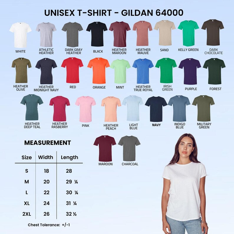 May include: A Gildan 64000 unisex t-shirt color chart displaying thirty-two different shirt colors with labels, including white, heather, red, blue, green, and black. A measurement table lists sizes S to 2XL with width and length in inches.