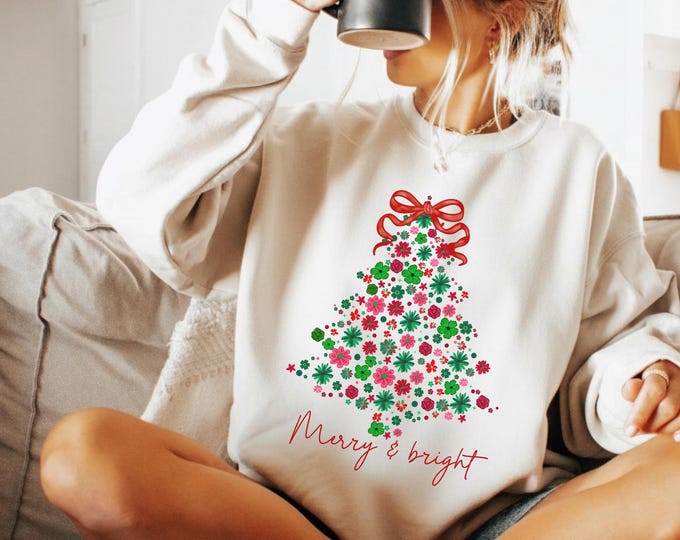 Christmas Shirt Merry&Bright Xmas Tree Tee Pink Holiday Festive Bow Lights Tshirt Cute Jolly Tee Merry Christmas Tshirt,Christmas 2025 Gift