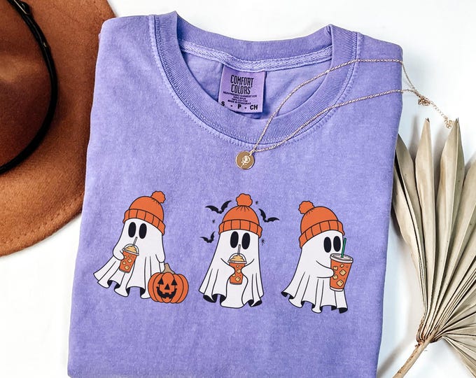 Comfort Colors® Сute Ghost Coffee Shirt, Сute Little Ghost Iced Coffee t-shirt, Boo Ghost Shirt, Ghost Coffee Shirt, Halloween Coffee Lovers